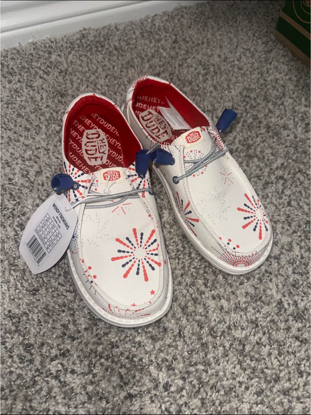 Woman’s White Navy & Red Firework Slip-On Hey Dudes